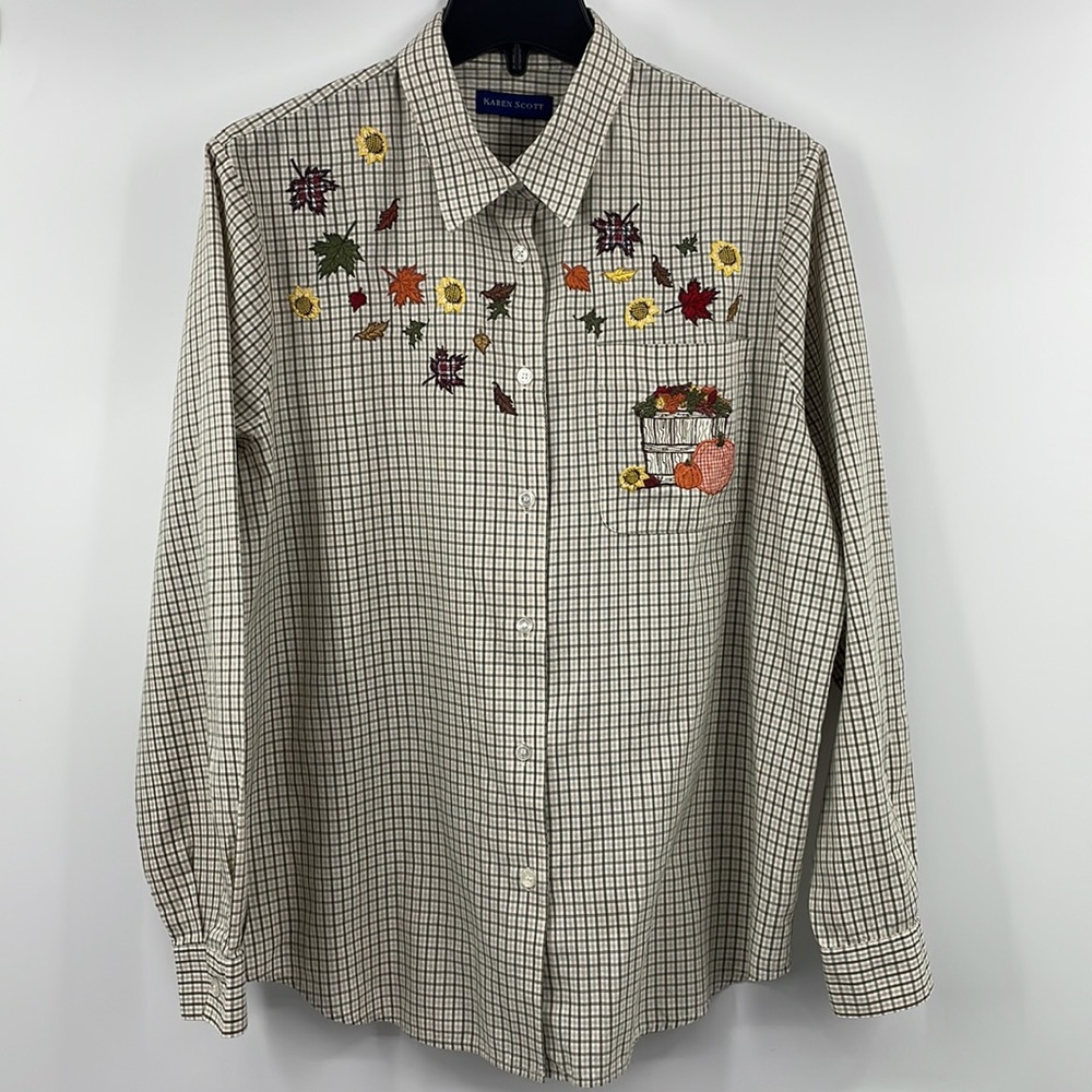 Vintage Karen Scott Embroidered Pumpkin Sunflower Leaves Plaid Shirt Size Large